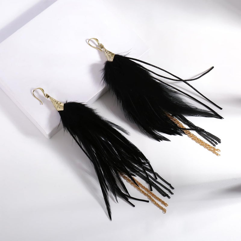 Badu Black Bohemian Feather Dangle Earrings for Women with Shell Beads Long Tassel Design Drop Earrings - Image 4